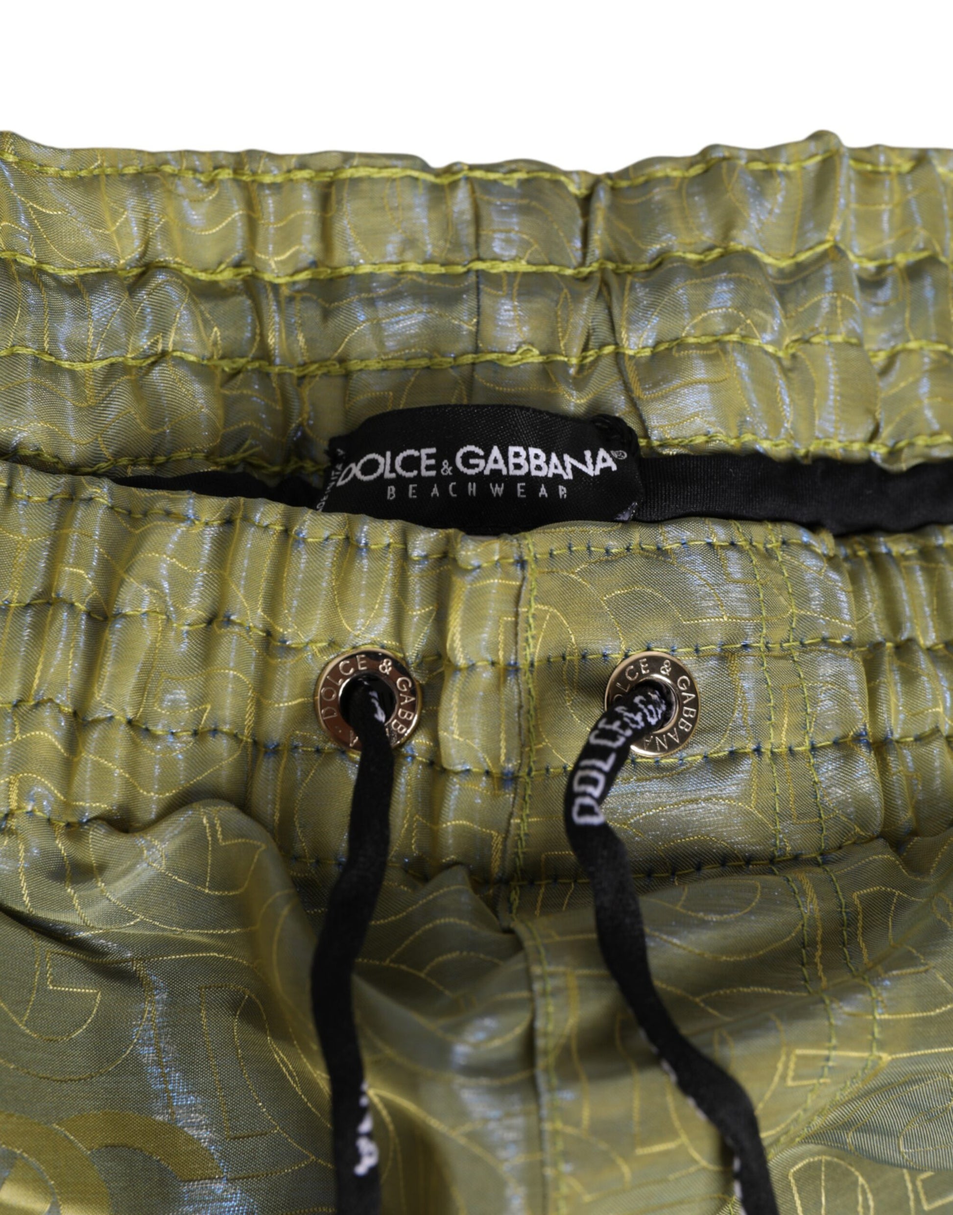 Dolce & Gabbana Green Metallic Logo Print Men Swimwear
