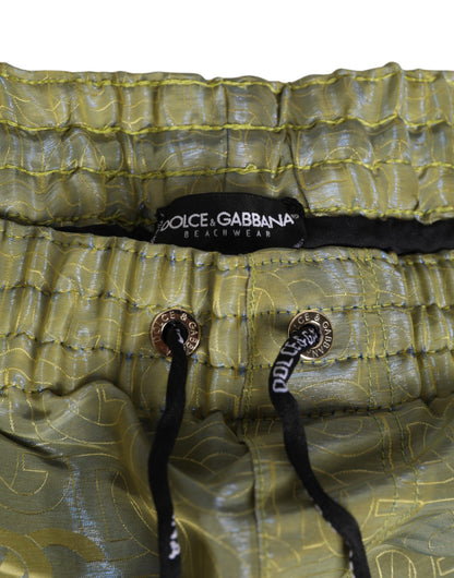 Dolce & Gabbana Green Metallic Logo Print Men Swimwear