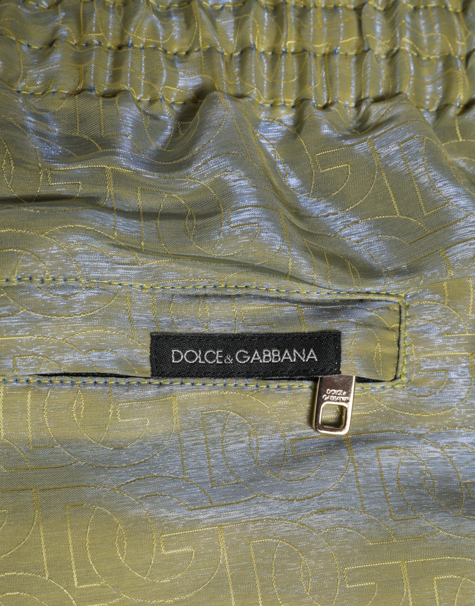 Dolce & Gabbana Green Metallic Logo Print Men Swimwear