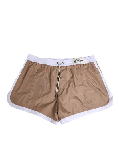 Dolce & Gabbana Brown White Polyester Re-Edition Swim Shorts