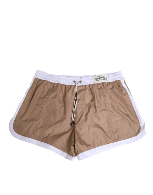 Dolce & Gabbana Brown White Polyester Re-Edition Swim Shorts