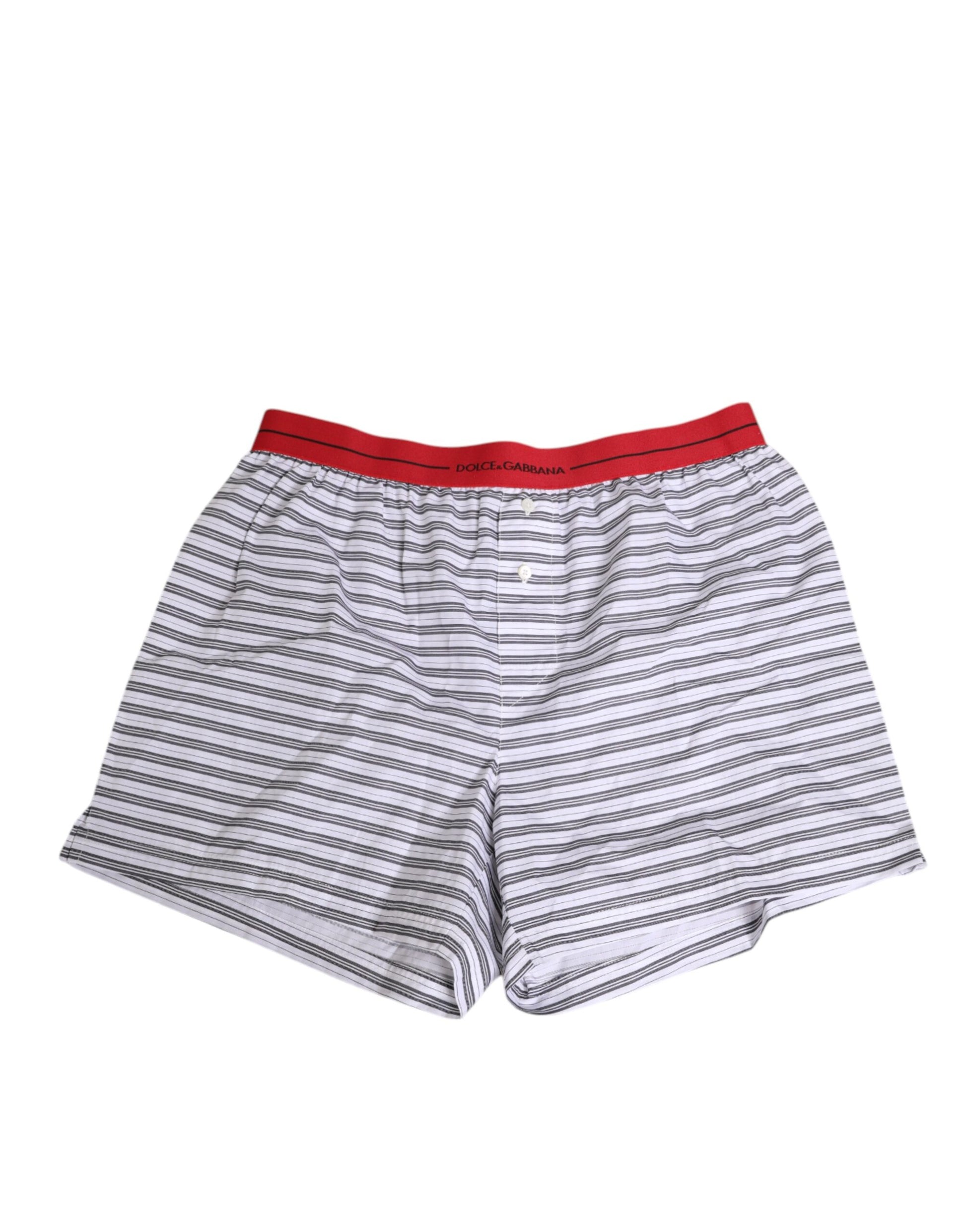 Dolce & Gabbana White Striped Cotton Red Waistband Swim Shorts