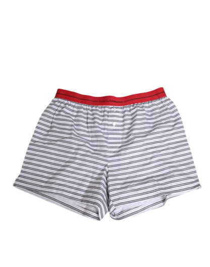 Dolce & Gabbana White Striped Cotton Red Waistband Swim Shorts