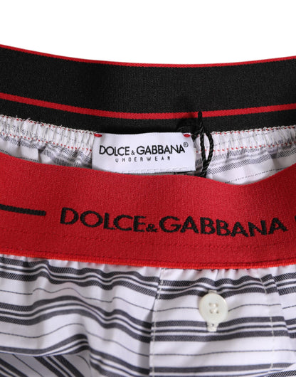Dolce & Gabbana White Striped Cotton Red Waistband Swim Shorts