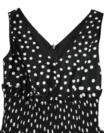 Dolce & Gabbana Black and White Cotton Polka Dot Print V Neck Dress