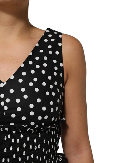 Dolce & Gabbana Black and White Cotton Polka Dot Print V Neck Dress