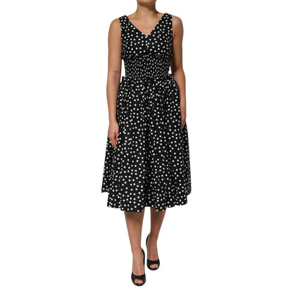 Dolce & Gabbana Black and White Cotton Polka Dot Print V Neck Dress