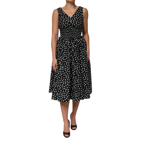 Dolce & Gabbana Black and White Cotton Polka Dot Print V Neck Dress