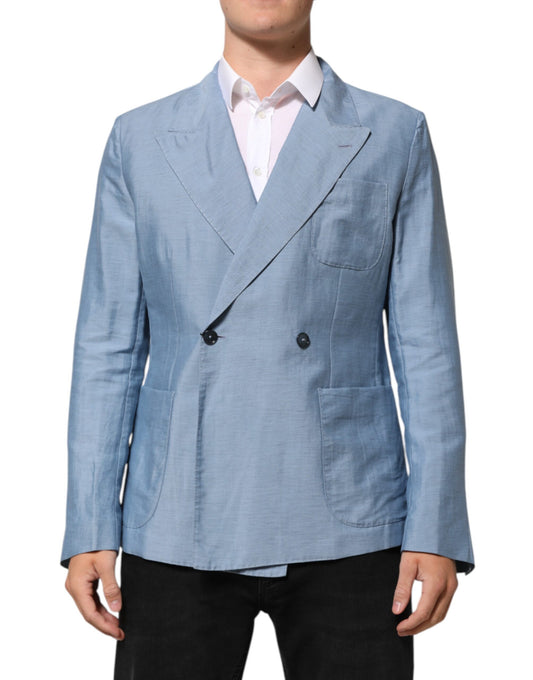 Dolce & Gabbana Light Blue Linen Double Breasted Men's Blazer Jacket