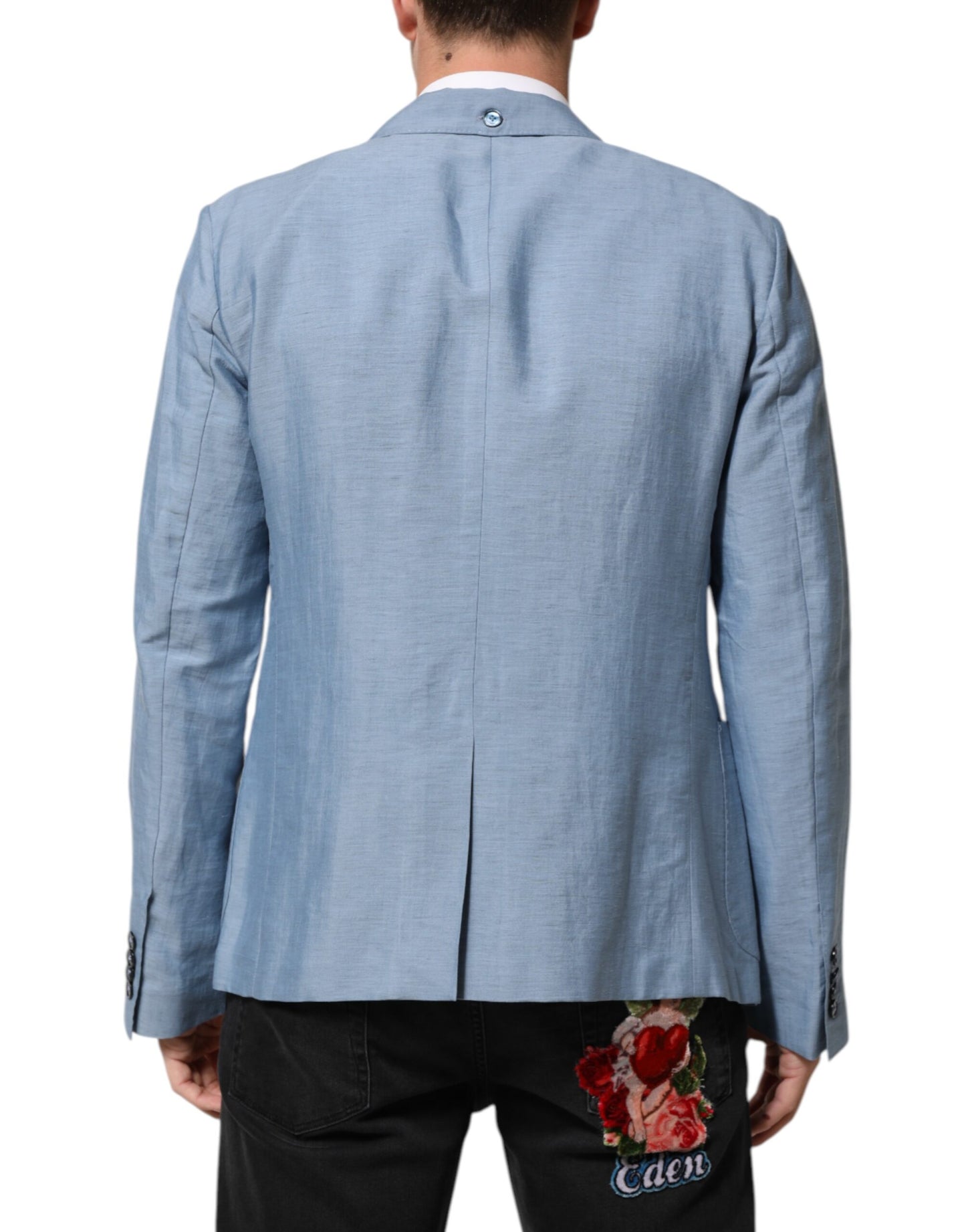 Dolce & Gabbana Light Blue Linen Double Breasted Men's Blazer Jacket
