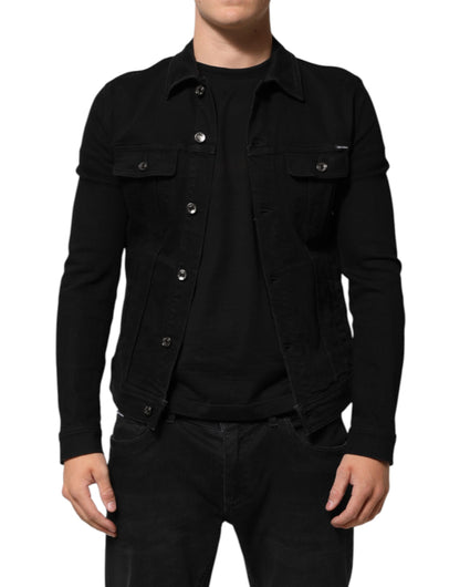 Dolce & Gabbana Black Cotton Denim Stretch Button Up Jacket