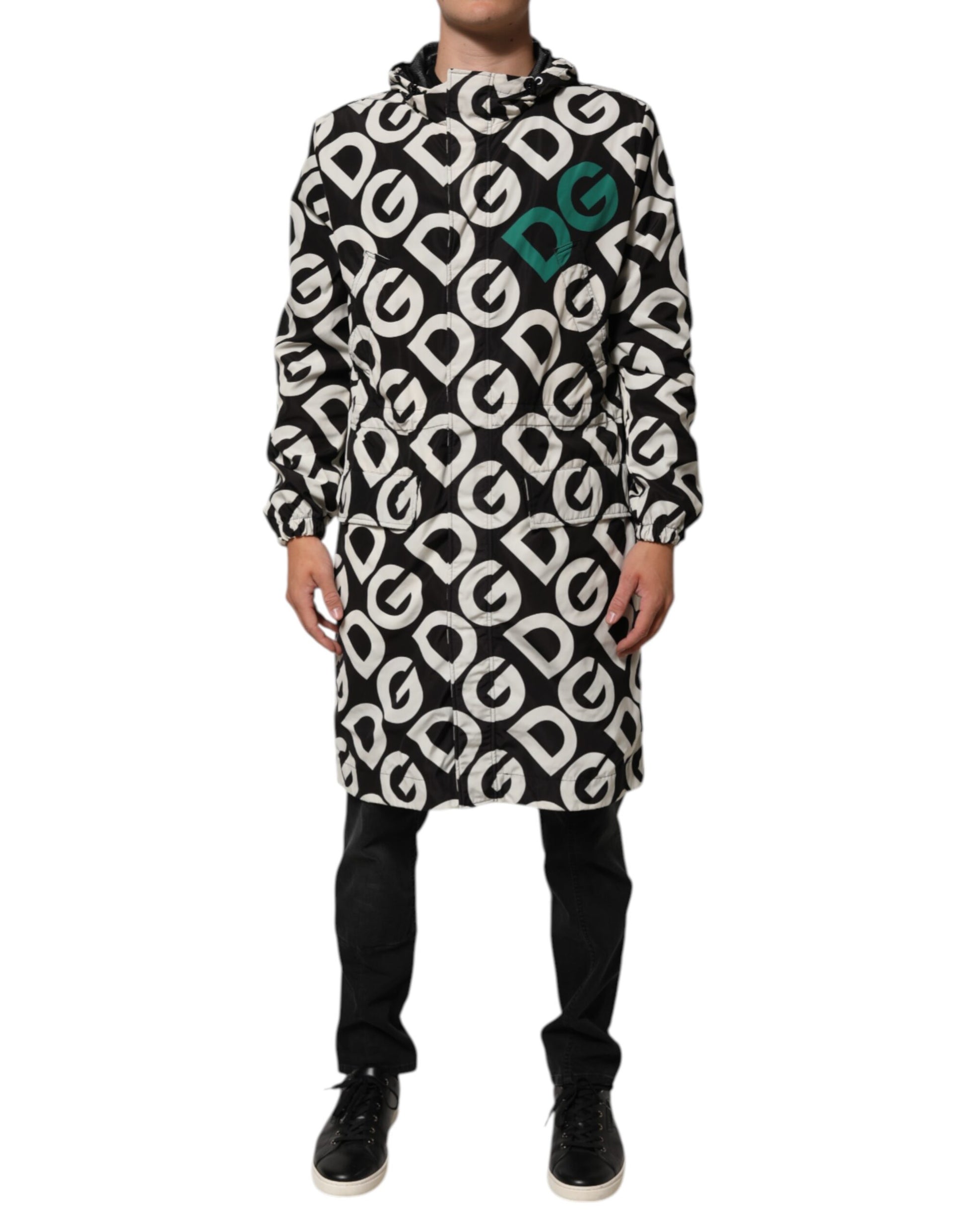 Dolce & Gabbana Black White Logo Print Hooded Coat for Men