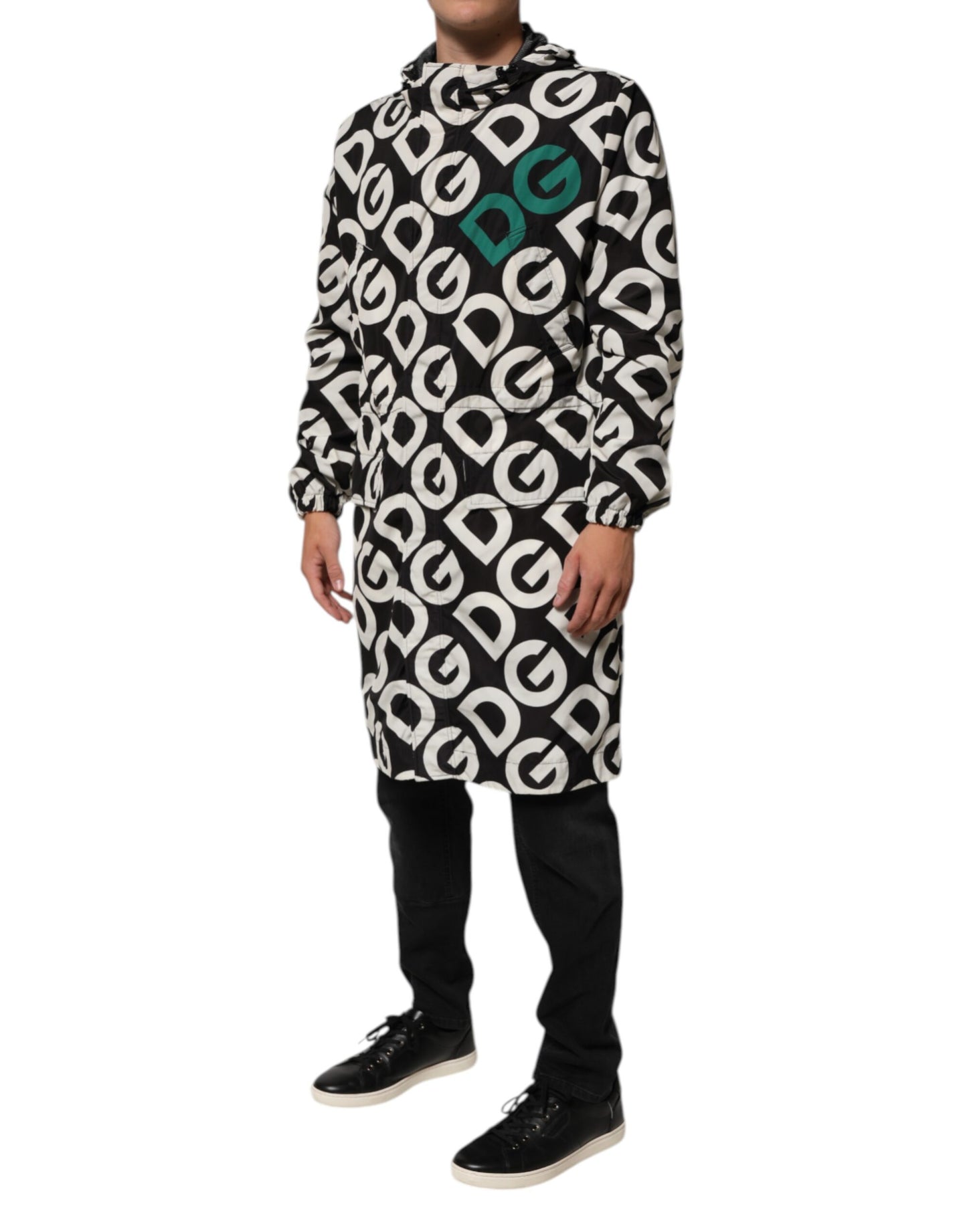 Dolce & Gabbana Black White Logo Print Hooded Coat for Men