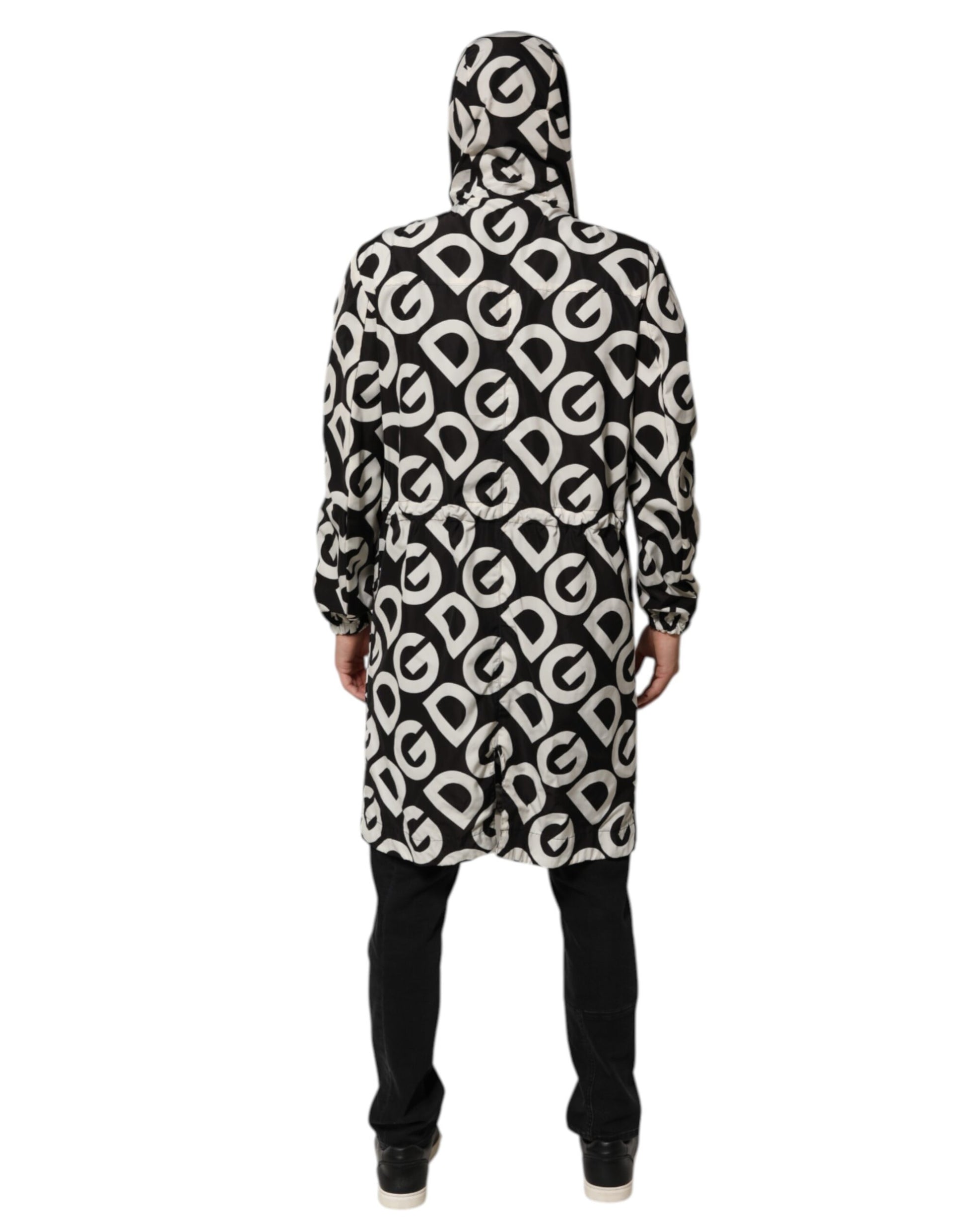 Dolce & Gabbana Black White Logo Print Hooded Coat for Men