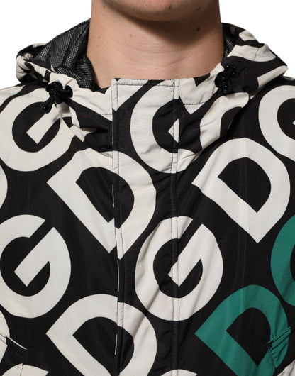 Dolce & Gabbana Black White Logo Print Hooded Coat for Men