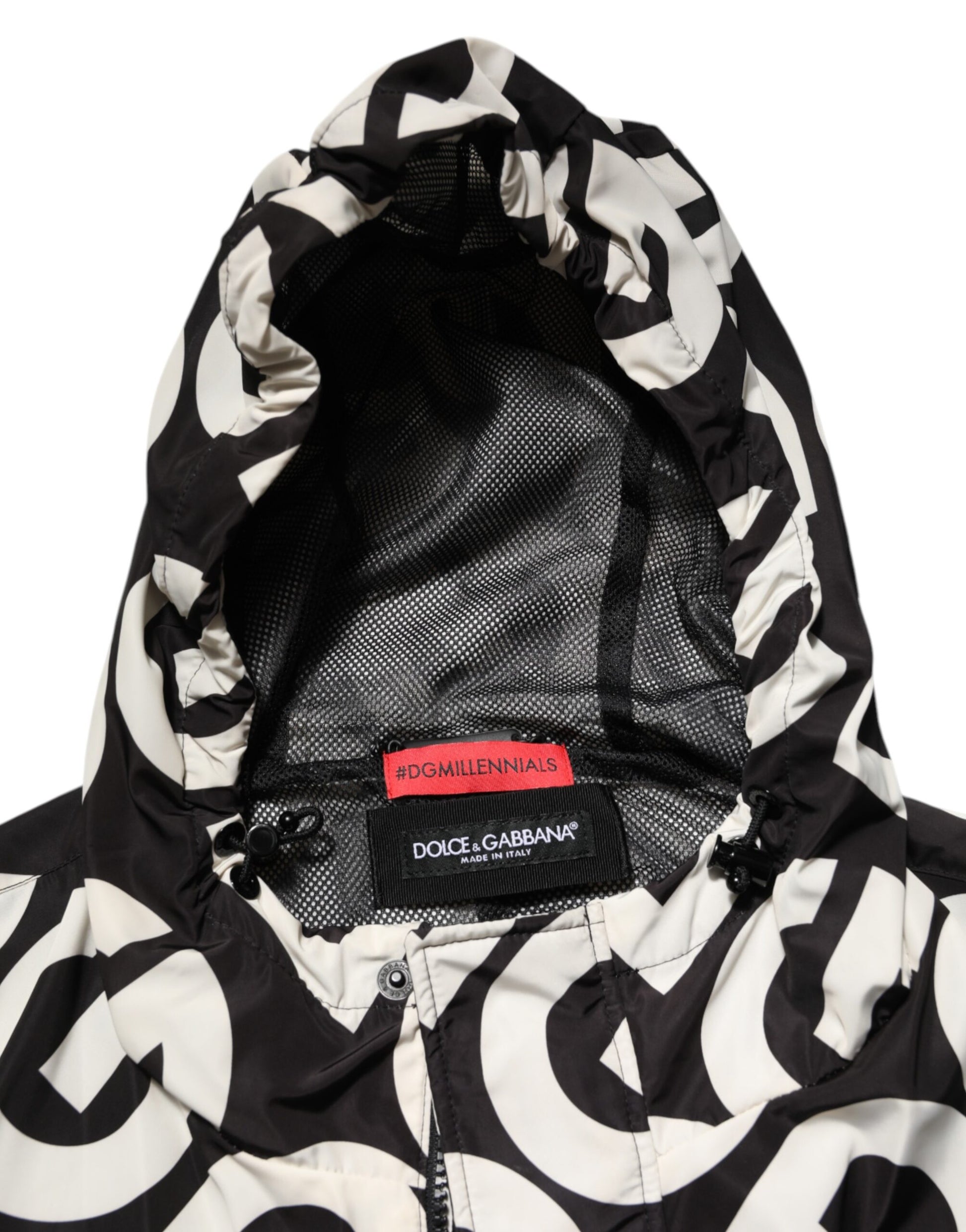 Dolce & Gabbana Black White Logo Print Hooded Coat for Men