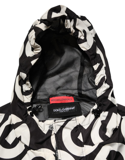 Dolce & Gabbana Black White Logo Print Hooded Coat for Men