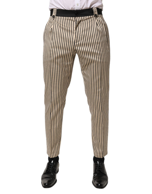 Dolce & Gabbana Beige Black Striped Cotton Slim Fit Trousers