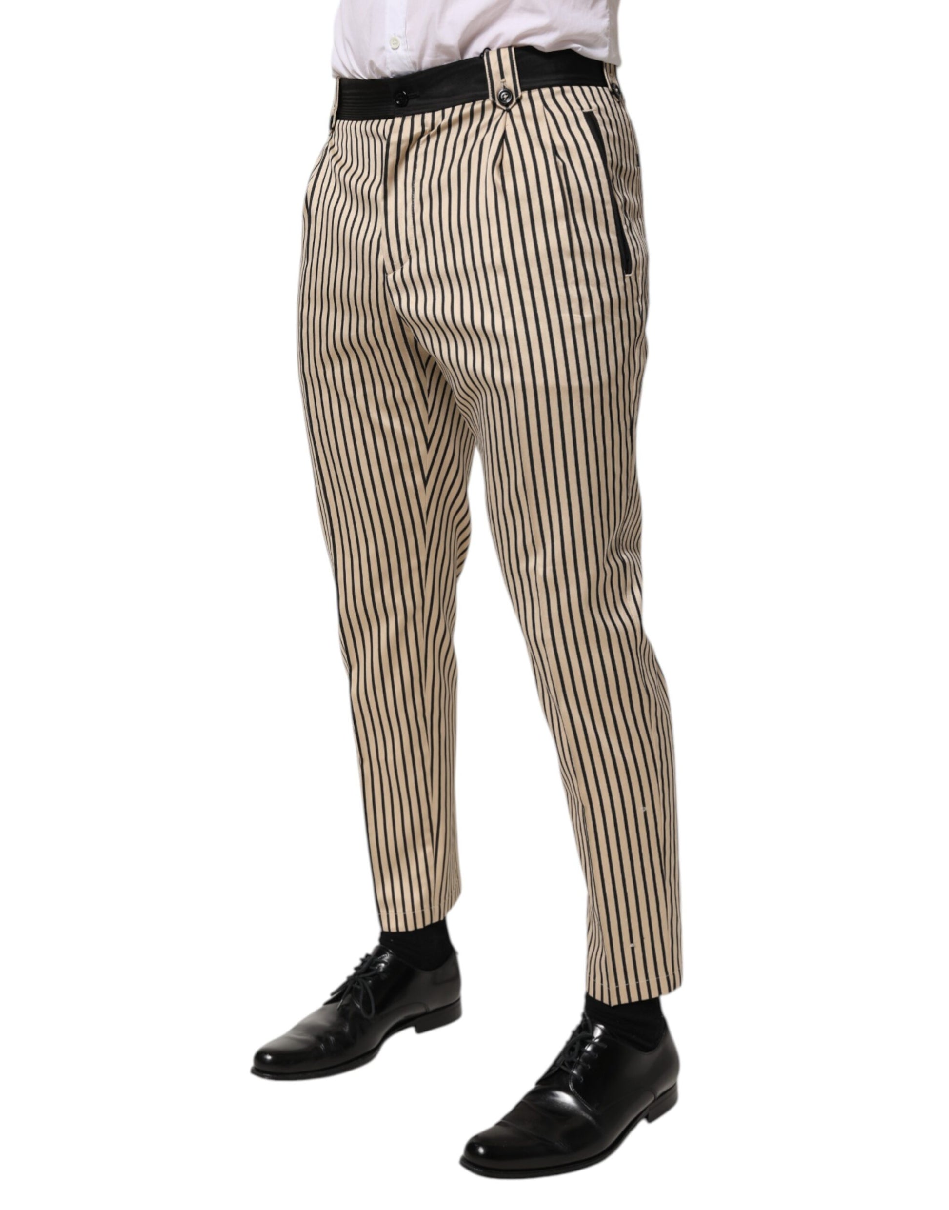 Dolce & Gabbana Beige Black Striped Cotton Slim Fit Trousers
