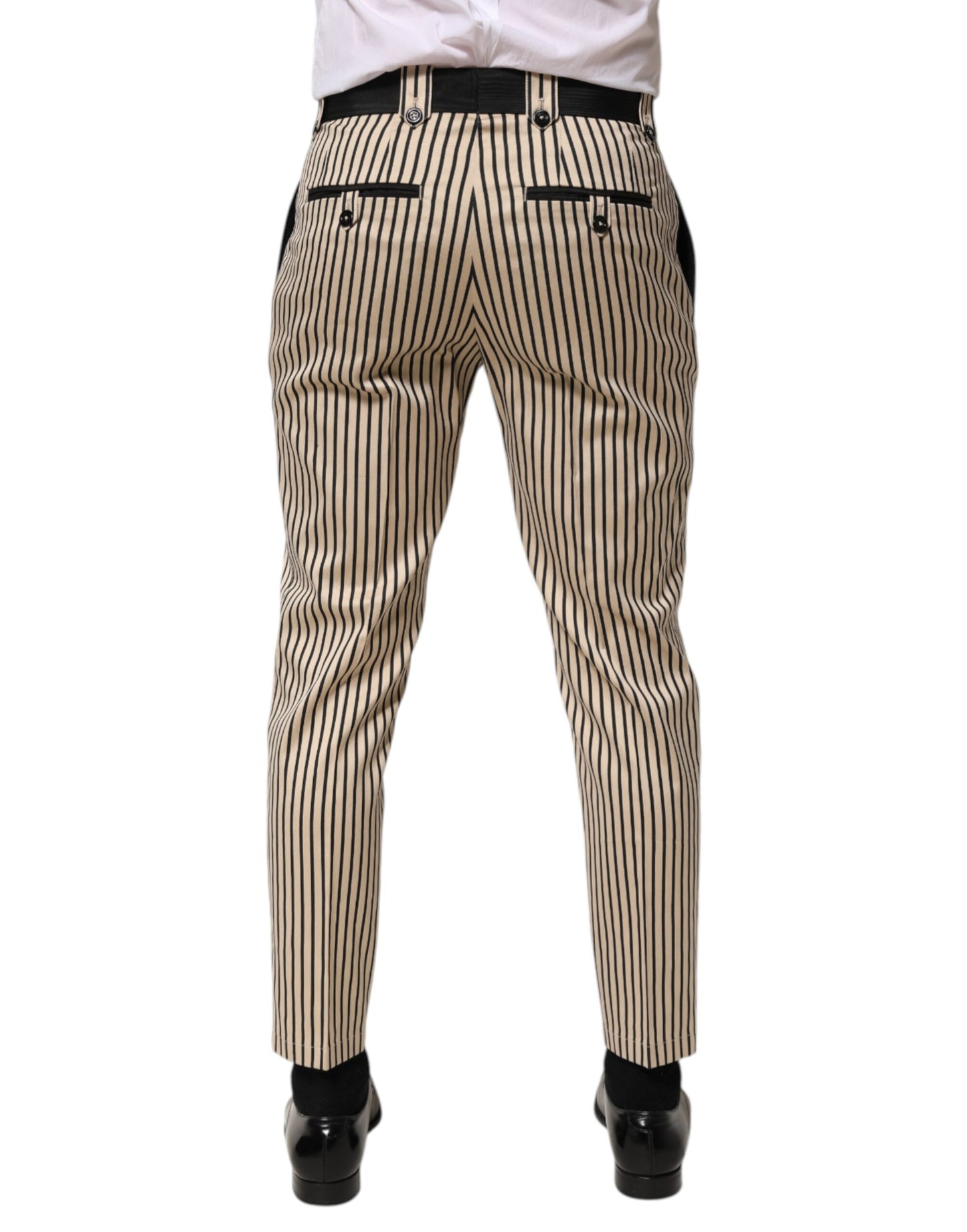 Dolce & Gabbana Beige Black Striped Cotton Slim Fit Trousers