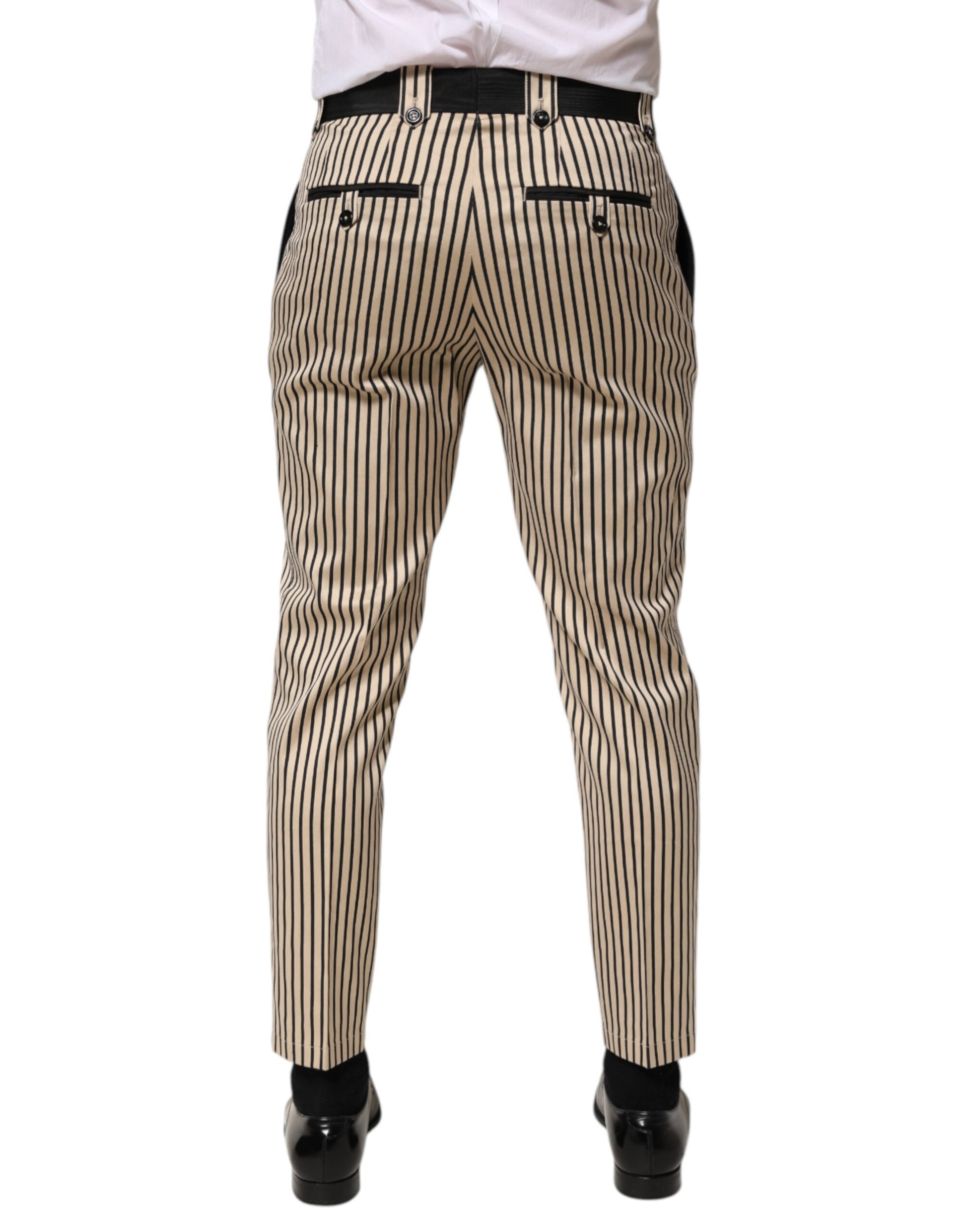 Dolce & Gabbana Beige Black Striped Cotton Slim Fit Trousers
