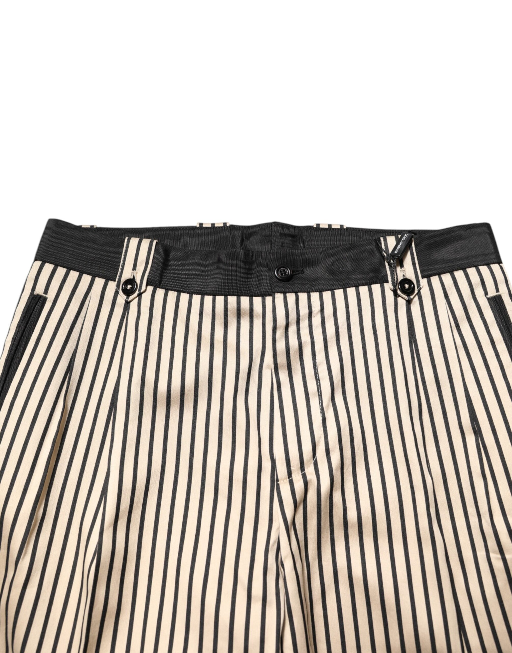 Dolce & Gabbana Beige Black Striped Cotton Slim Fit Trousers