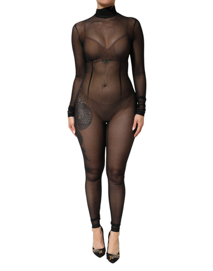 Dolce & Gabbana Black Sheer Mesh Long Sleeve Jumpsuit/Catsuit
