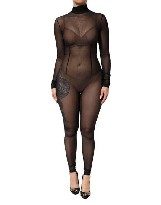 Dolce & Gabbana Black Sheer Mesh Long Sleeve Jumpsuit/Catsuit