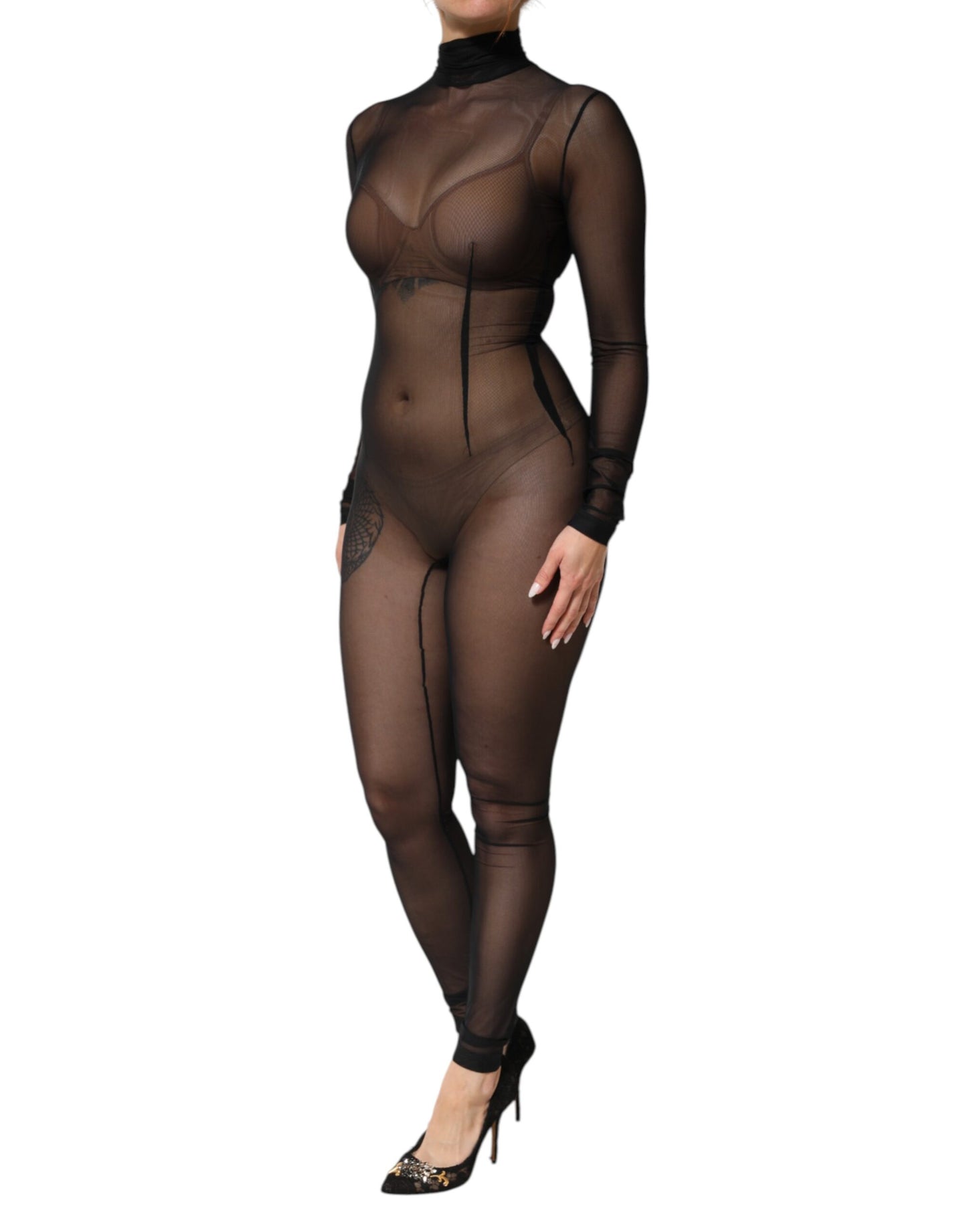 Dolce & Gabbana Black Sheer Mesh Long Sleeve Jumpsuit/Catsuit