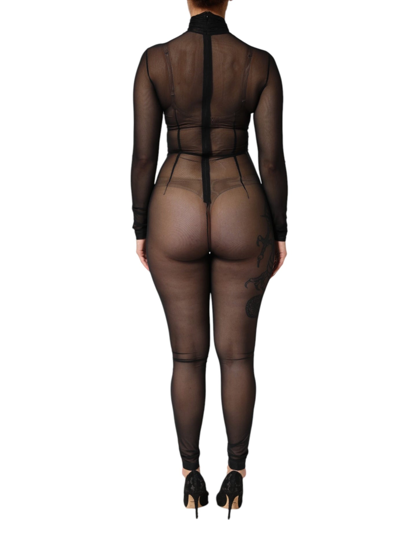 Dolce & Gabbana Black Sheer Mesh Long Sleeve Jumpsuit/Catsuit