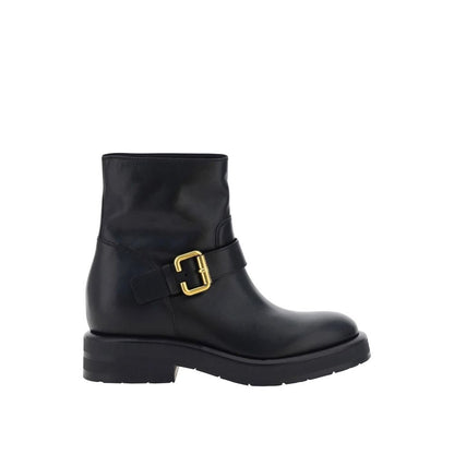 Chloé Black Coddington Biker Boots with Gold Buckle