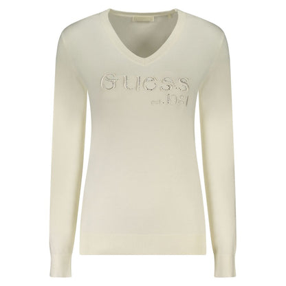 Guess Jeans White Long Sleeved V-Neck Jumper for Women