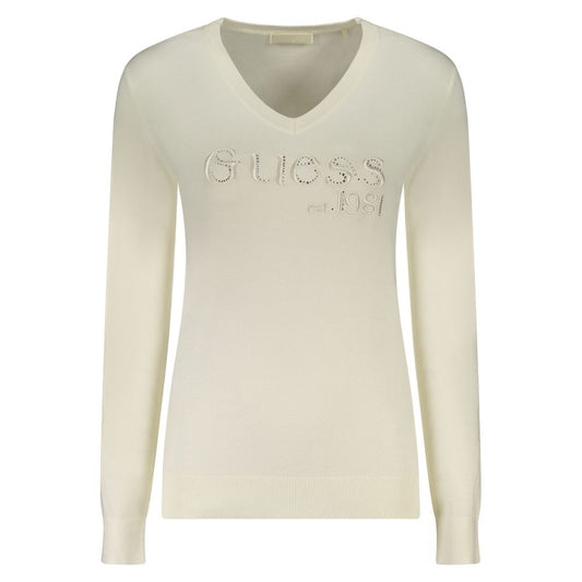 Guess Jeans White Long Sleeved V-Neck Jumper for Women