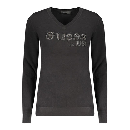 Guess Jeans Black Viscose Women Sweater - Chic V-neck with Rhinestones