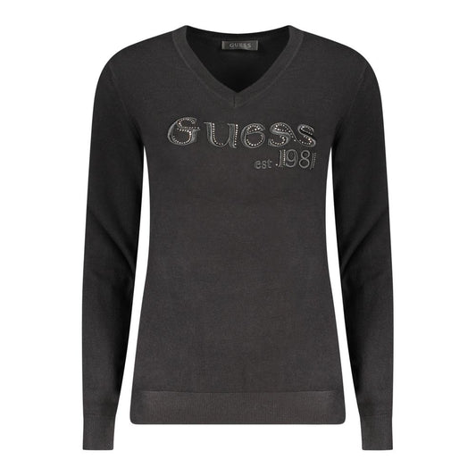 Guess Jeans Black Viscose Women Sweater - Chic V-neck with Rhinestones