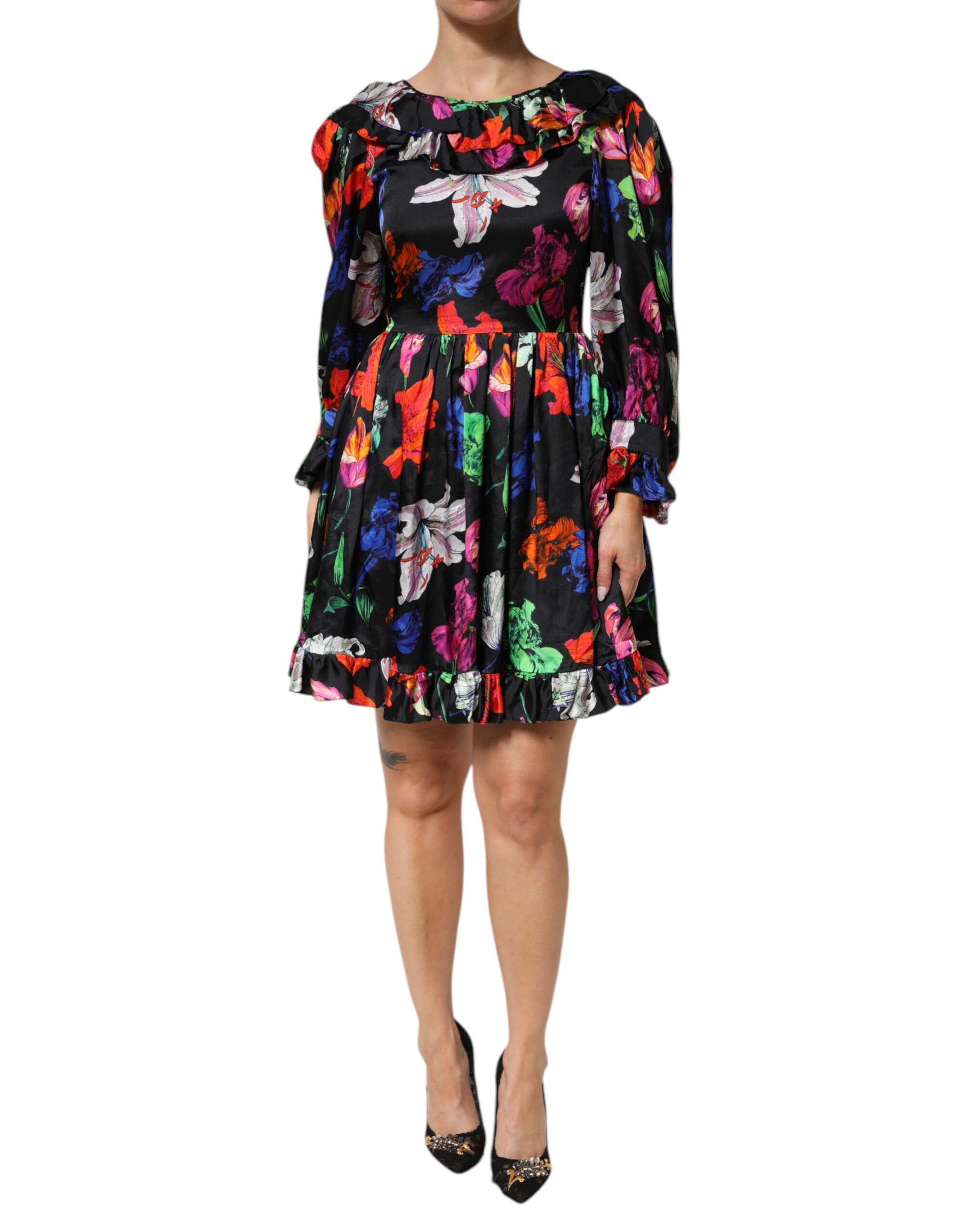 MSGM Black Multicolor Floral Ruffle Long Sleeve Mini Dress