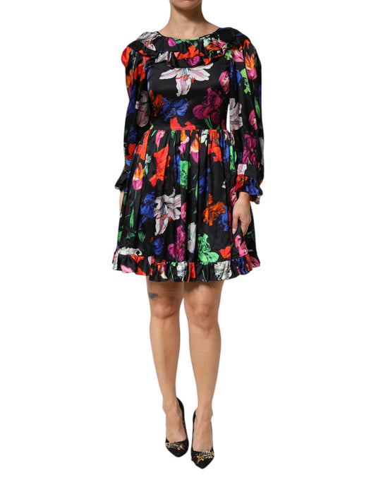 MSGM Black Multicolor Floral Ruffle Long Sleeve Mini Dress
