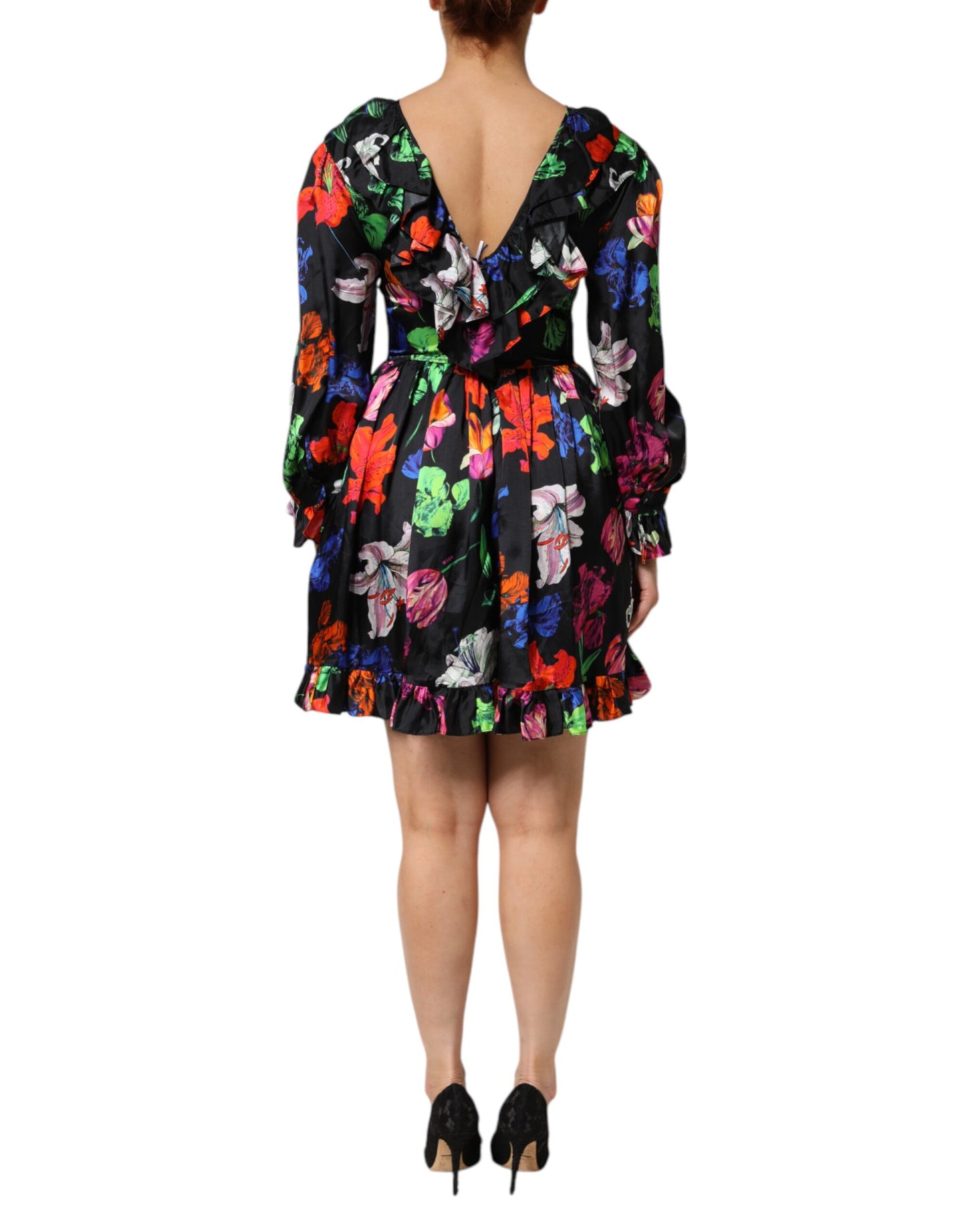 MSGM Black Multicolor Floral Ruffle Long Sleeve Mini Dress