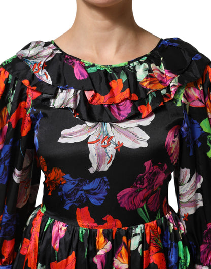 MSGM Black Multicolor Floral Ruffle Long Sleeve Mini Dress