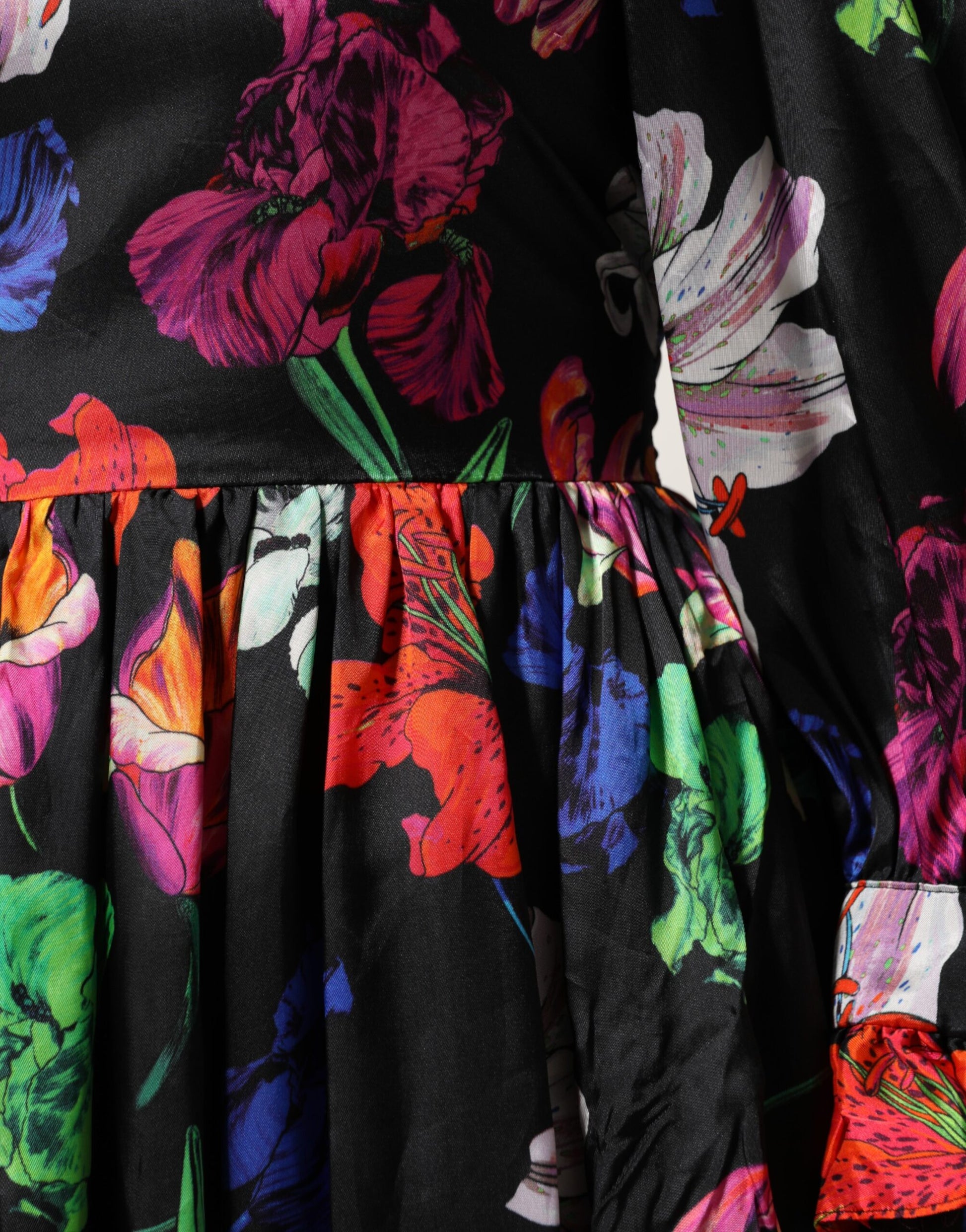 MSGM Black Multicolor Floral Ruffle Long Sleeve Mini Dress