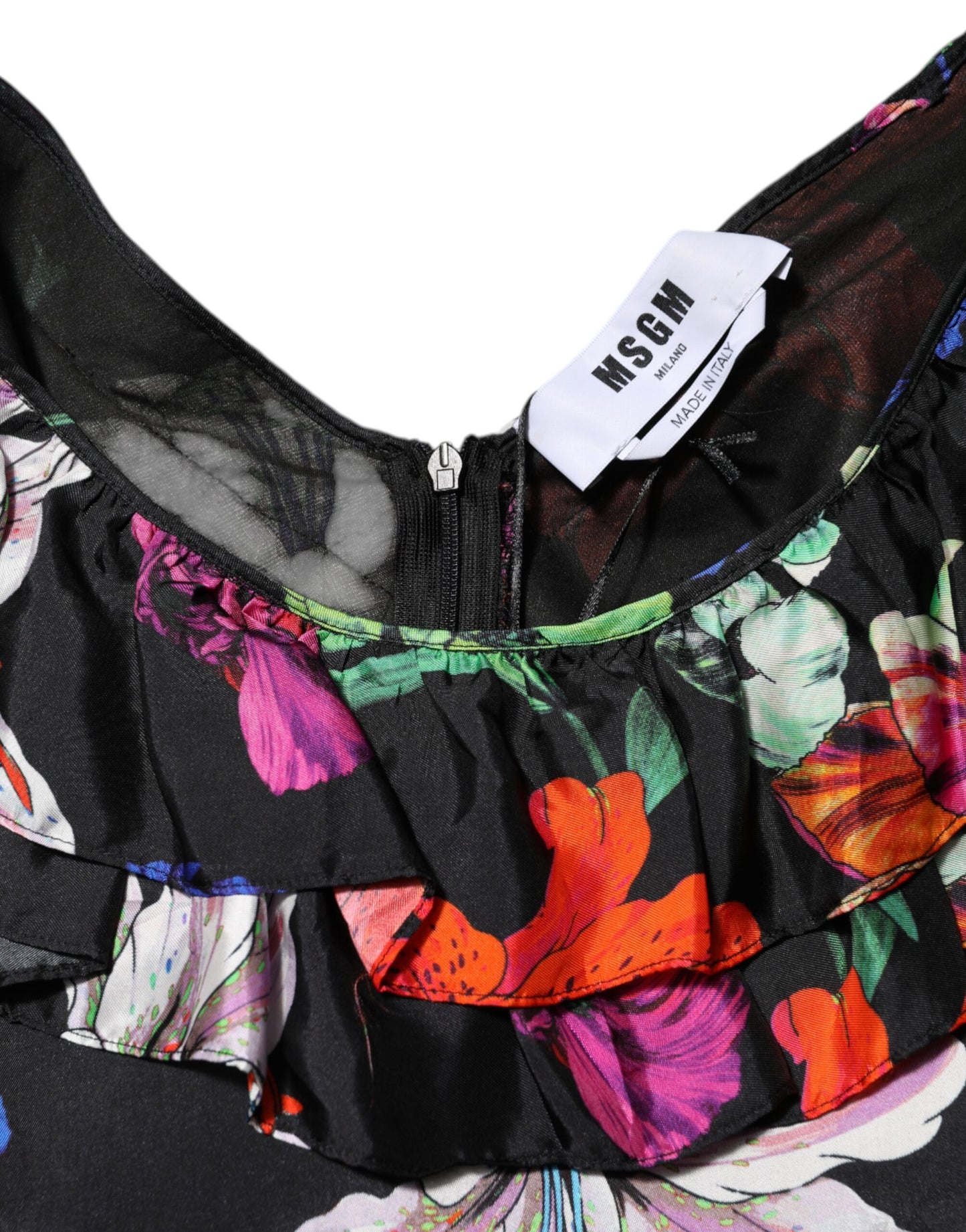 MSGM Black Multicolor Floral Ruffle Long Sleeve Mini Dress
