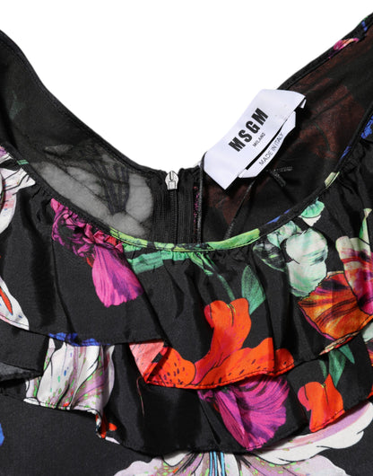 MSGM Black Multicolor Floral Ruffle Long Sleeve Mini Dress