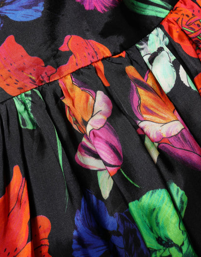 MSGM Black Multicolor Floral Ruffle Long Sleeve Mini Dress