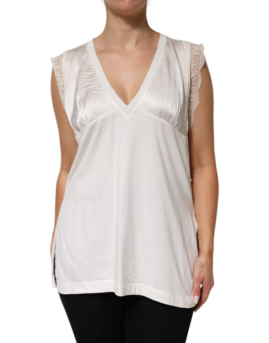 PINKO White Silk Blend Lace Trim Sleeveless V-Neck Women's Top