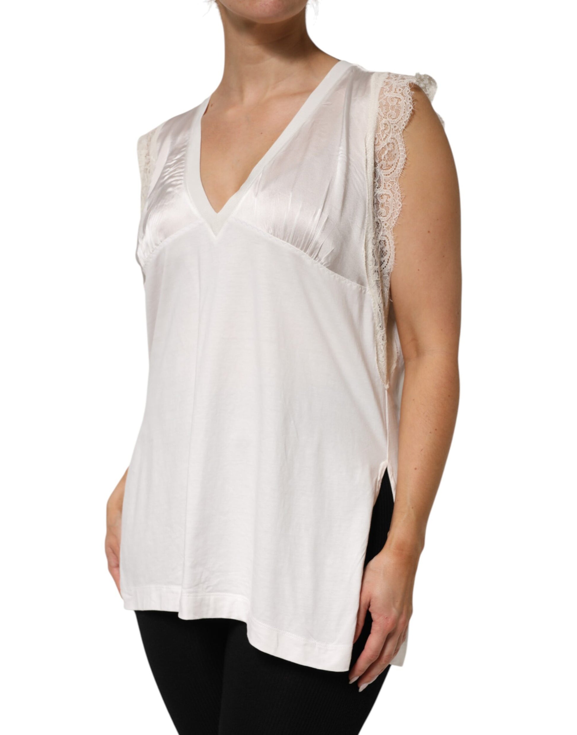 PINKO White Silk Blend Lace Trim Sleeveless V-Neck Women's Top