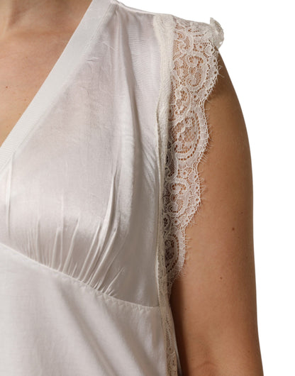 PINKO White Silk Blend Lace Trim Sleeveless V-Neck Women's Top