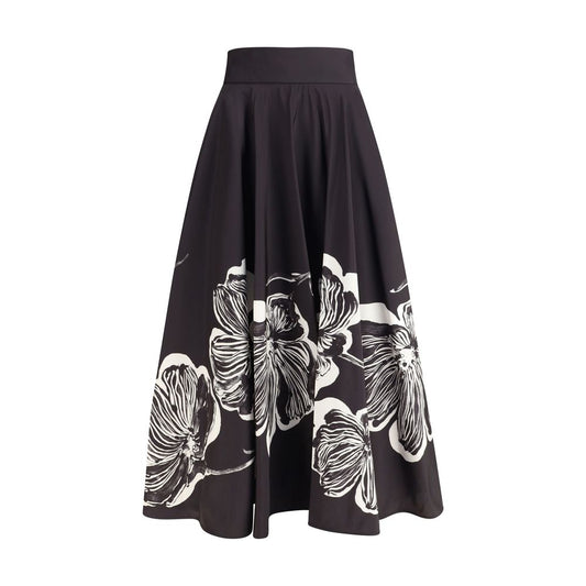 Sara Roka Black & White Midi Skirt with Floral Print