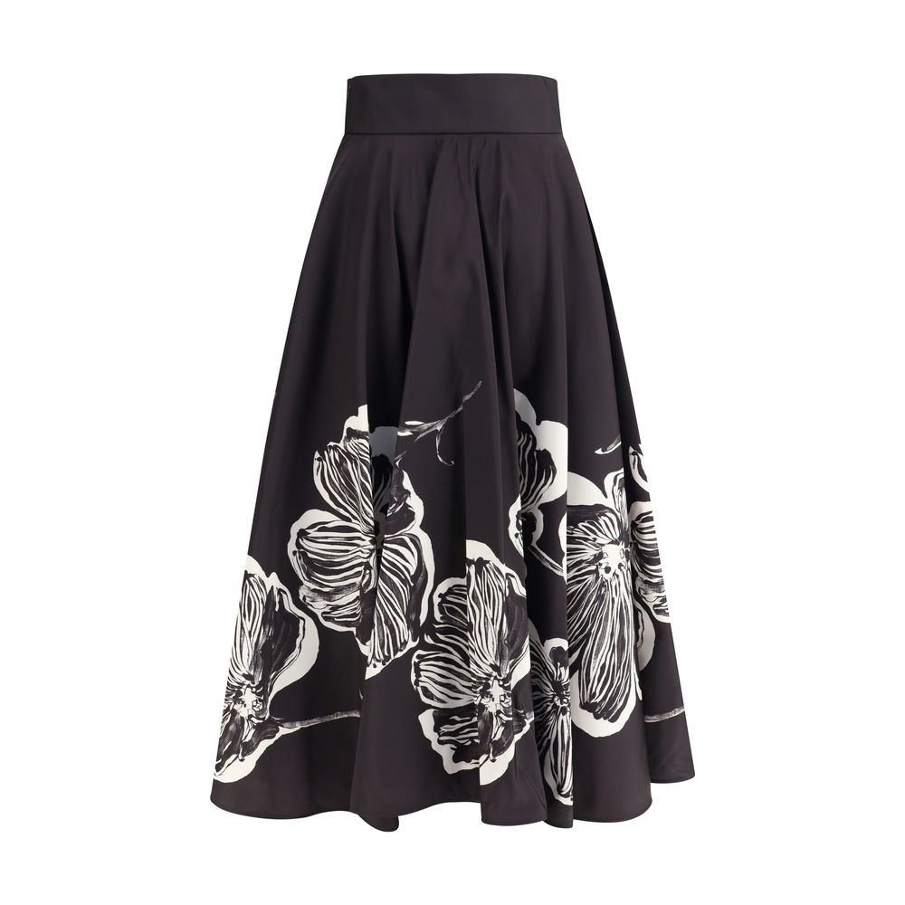 Sara Roka Black & White Midi Skirt with Floral Print