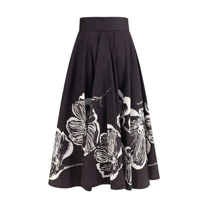 Sara Roka Black & White Midi Skirt with Floral Print