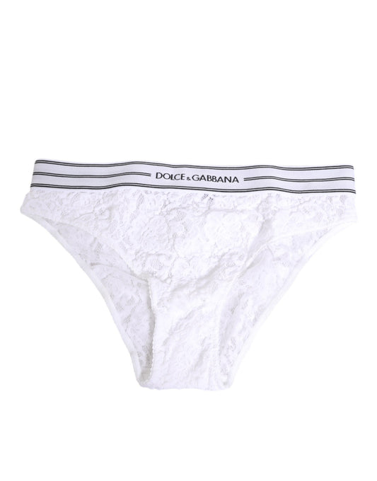 Dolce & Gabbana White Lace Slip Brief with Logo Waistband